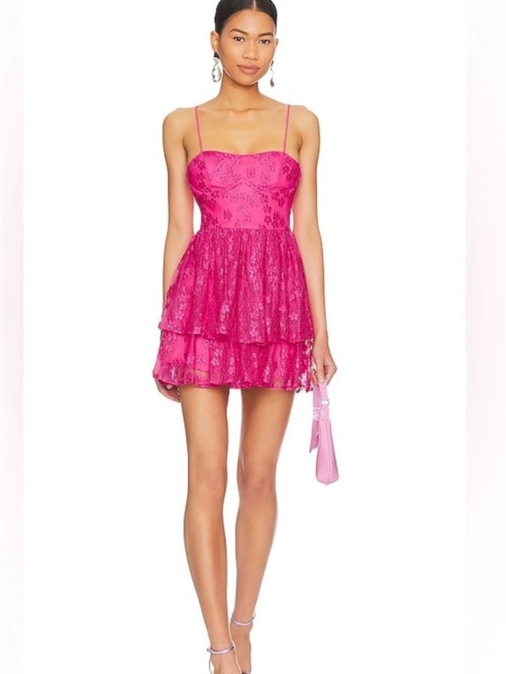 Lovers + Friends Hot Pink Lace Tiered Mini Dress